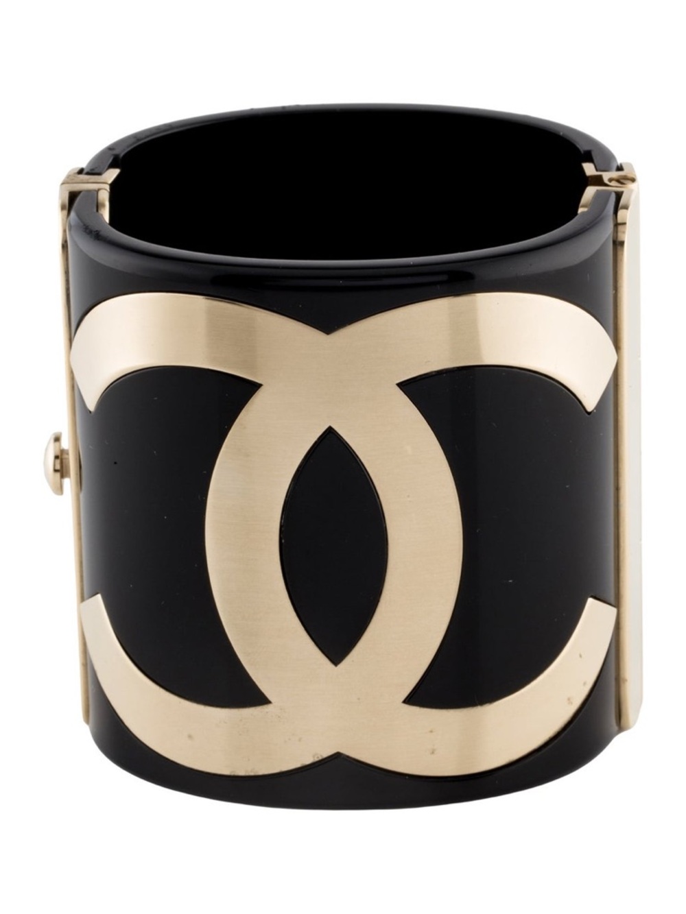 CHANEL Black Resin Bracelet Cuff with Gold CC logo